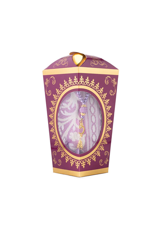 Ramadan Lantern Prayer Beads + Prayer Rug Gift Set (Kraft Acetate Box, Purple)