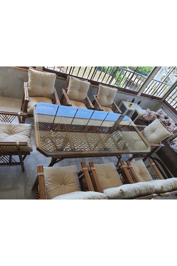 Nivemeshome 8 Kişilik Minderli Bambu Oturma Seti (8 SANDALYE SEHPA) - 1