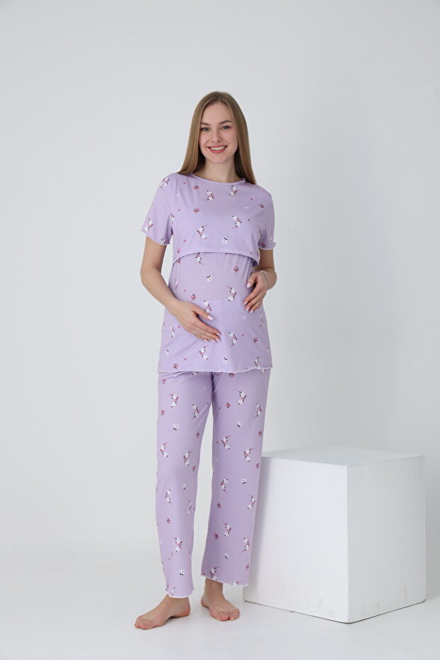 Short Sleeve Adjustable Elastic Waist Detailed Printed Maternity and Postpartum Pajama Set Suitable for Breastfeeding