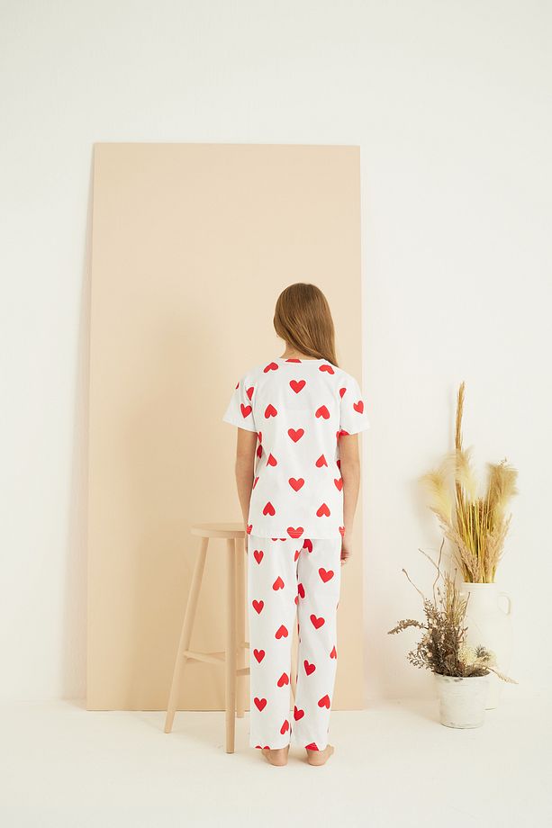 ekru kalp desenli Pamuklu Bisiklet Yaka Örme Pijama Takım25107148 - 4