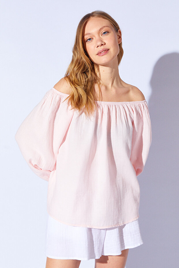 Powder Boat Neck Shoulder and Sleeve Elastic Long Sleeve Muslin Washed Blouse | Mks 179921 -01