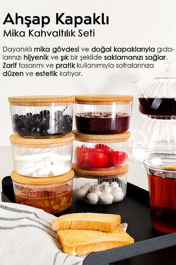6'lı Ahşap Kapaklı Saklama Kabı Seti - Yuvarlak Sunumluk Çerezlik Reçellik Kahvaltılık Set 200 ml - 3