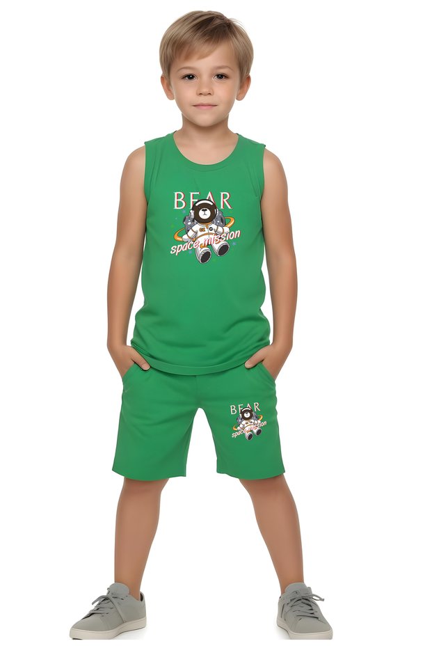 Bear Space Printed Boys' Suspender T-Shirt and Shorts Set Top and Bottom