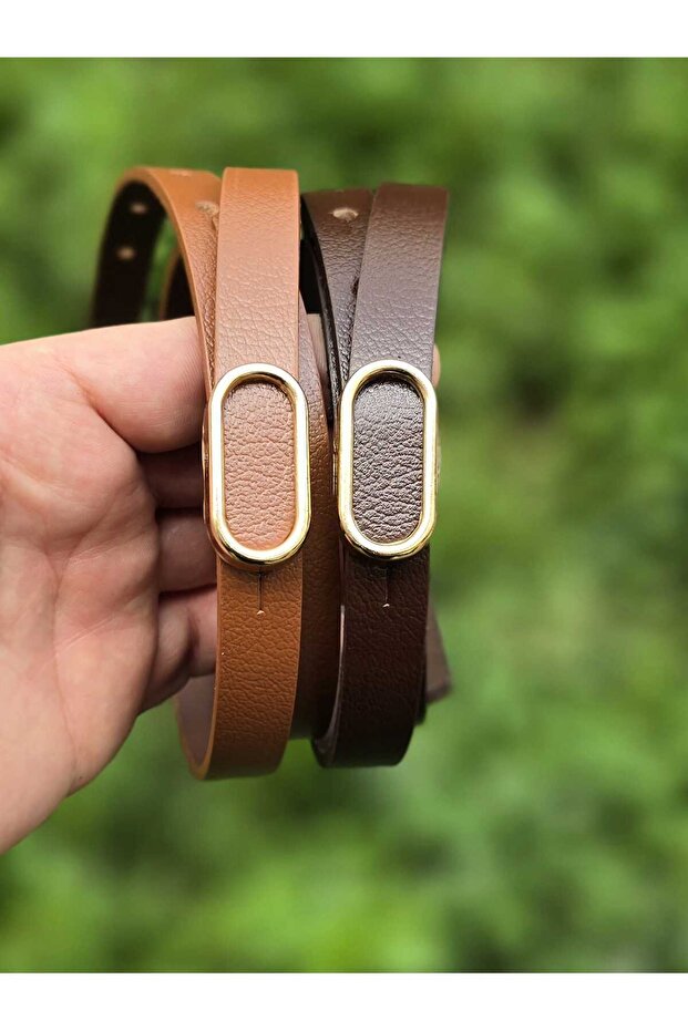 100% Genuine Leather Gold Buckle Thin Tan-Bitter Brown 2-Piece Belt Set