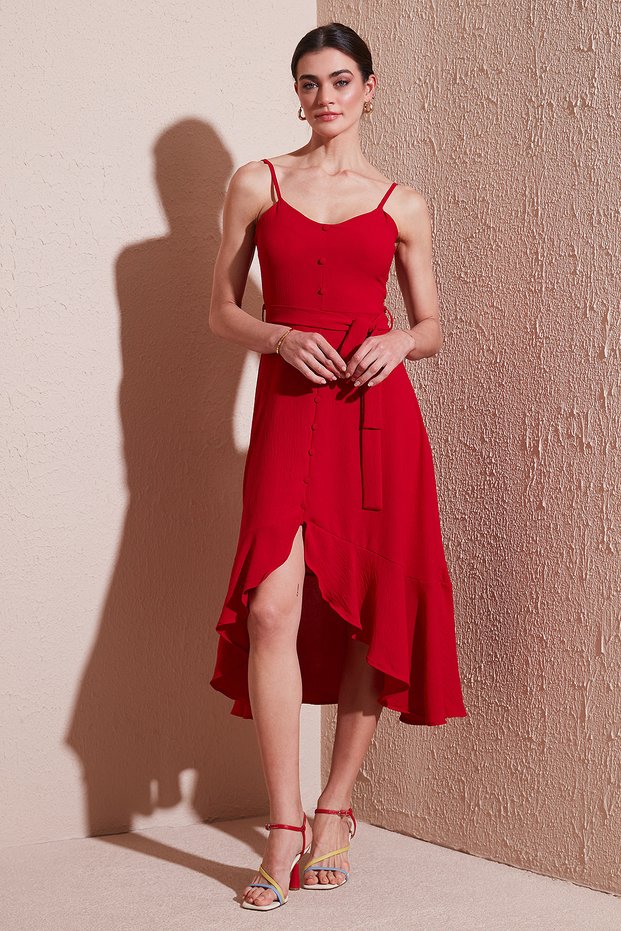 Belt and Button Detailed Flounce Regular Fit Midi Length Dress Dress 67810145