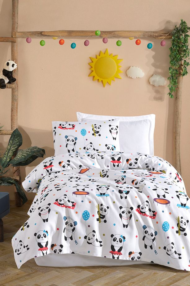 Baskılı Pike Takımı Tek Kişilik LovePandas Beyaz - 1