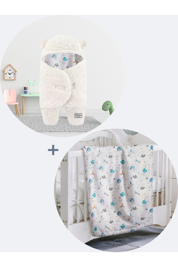 0-4 Months Baby Outer Swaddle and Blanket Set Wellsoft Ecru White (Space Pattern) - 3