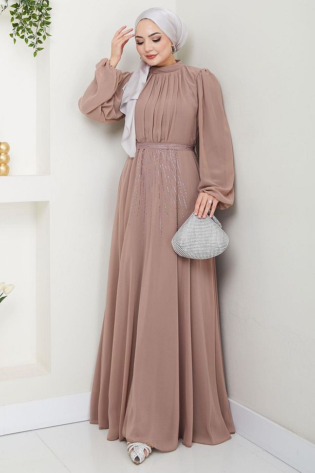 Kuşağı Taşlı Şifon Abiye Elbise Vizon HM2668 - 3