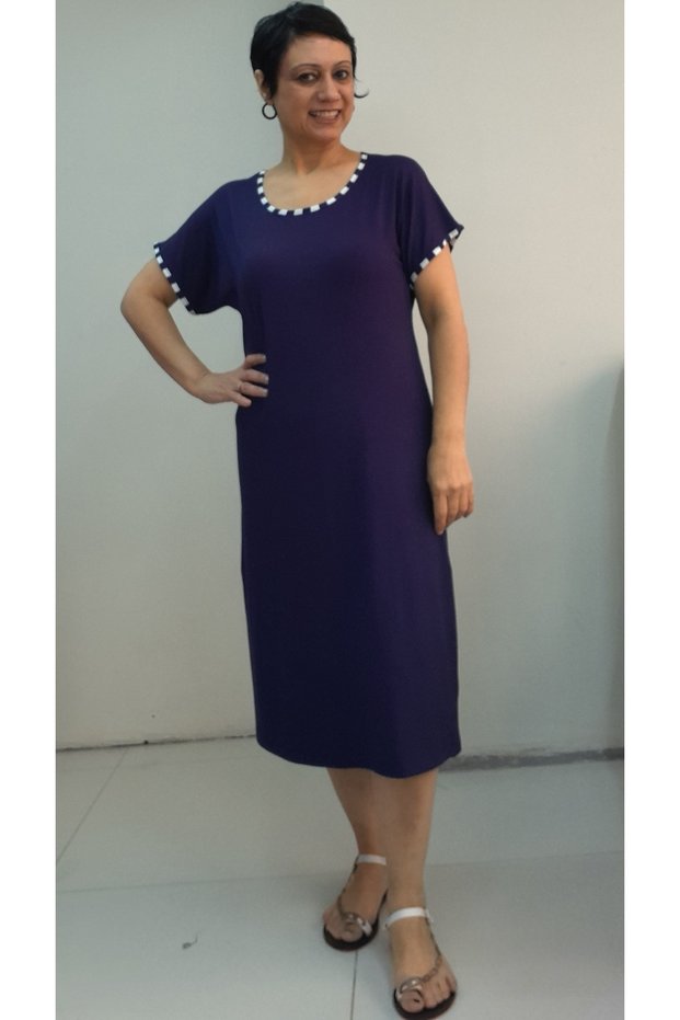 Navy Blue and White Piping Detailed Size Whole Coming Low Arm Combed Viscose Dress