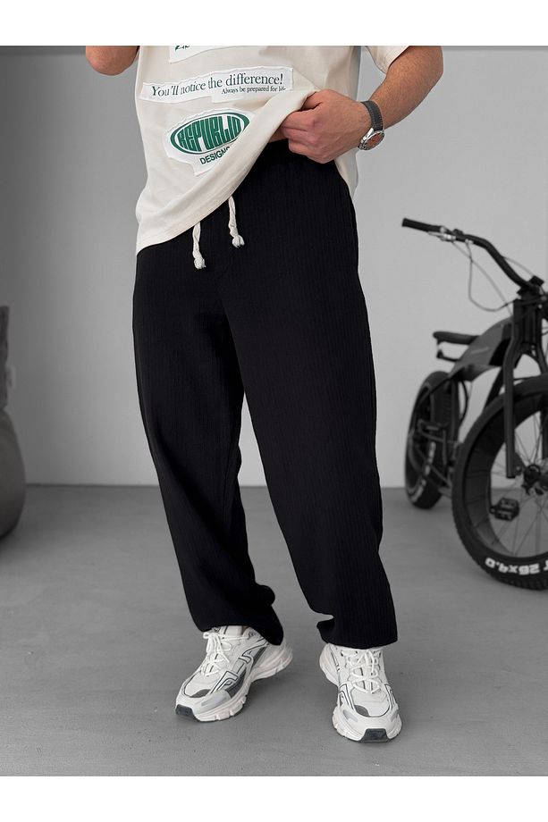 Siyah Örgü Kumaş Baggy Pantolon JJ-206 - 1