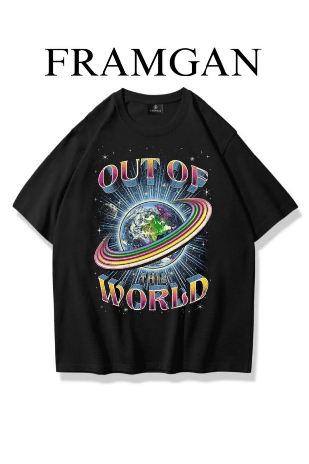 Unisex Out of World Printed Cotton Black T-Shirt