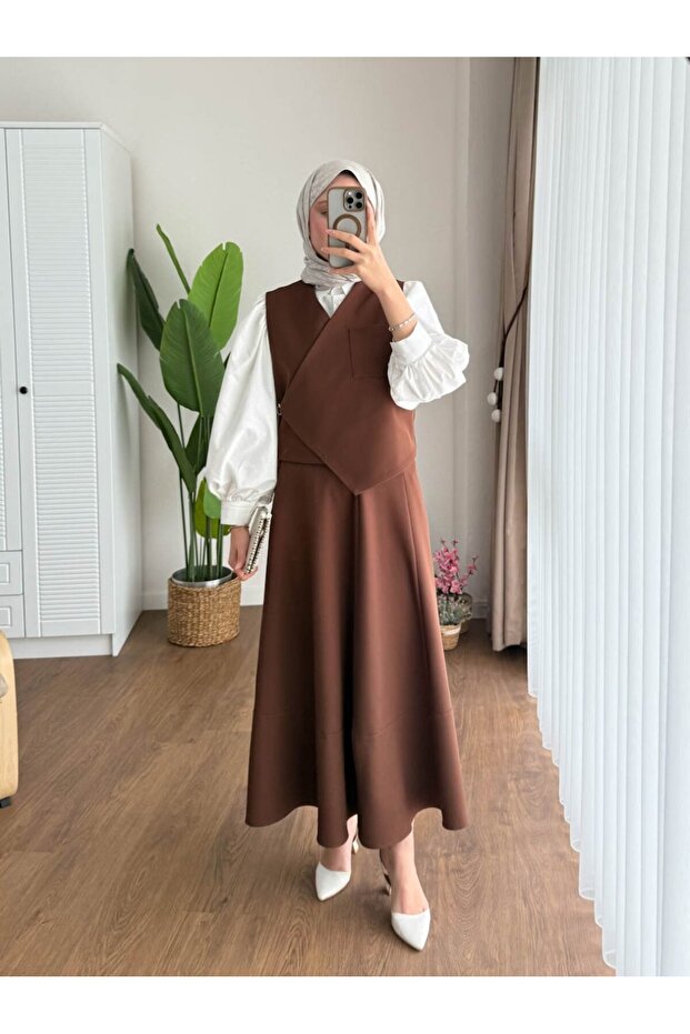 Women's Side Tie Vest Skirt Suit M2502 - Brown