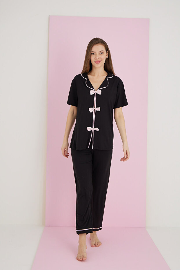 طقم بيجامة بفيونكة من الخيزران - 2