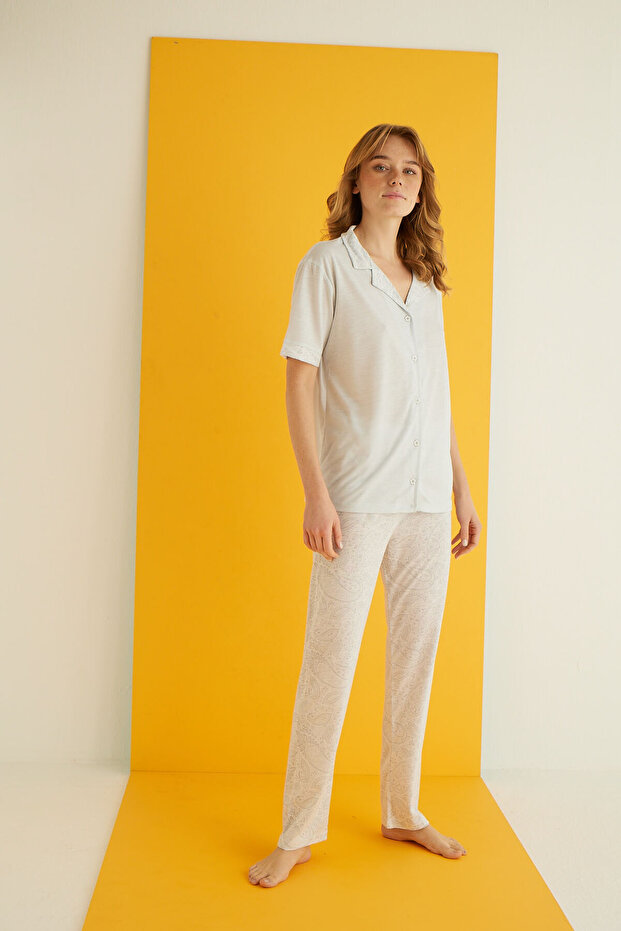 طقم بيجامة بأزرار فيسكوز - 2