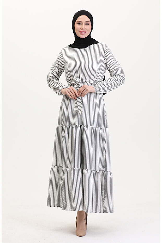 Line Belted Linen Dress - White and Black
