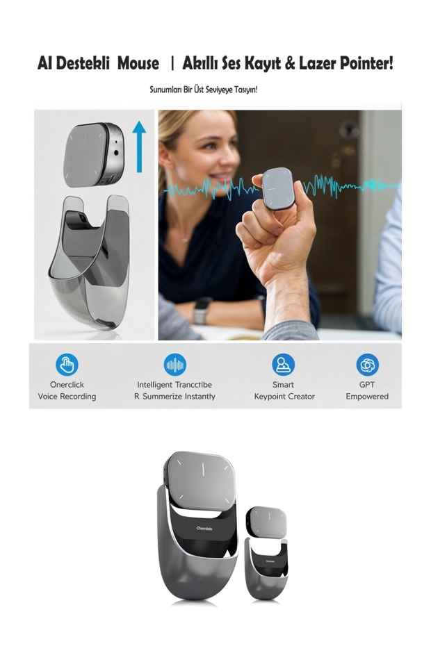 AI Destekli Kayıt Mouse | Akıllı Ses Kayıt & Lazer Pointer Tek Tuşla Ses Kaydı & AI Transkripsiyon - 2