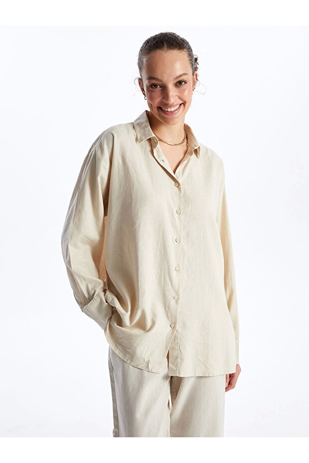 Xside Beige Plain Long Sleeve Linen Blend Women's Shirt