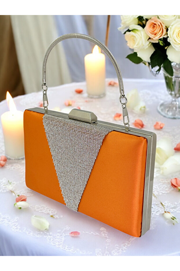 Orange Satin Silver Stone Metal Handle Evening Bag Evening Bag
