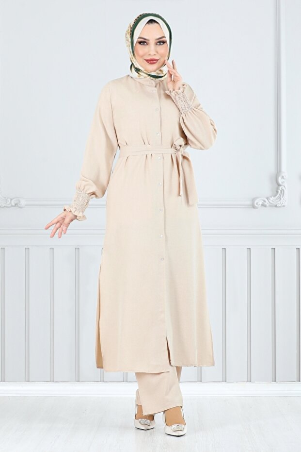 Belt Detailed Double Suit 809Ozr1047-M Stone