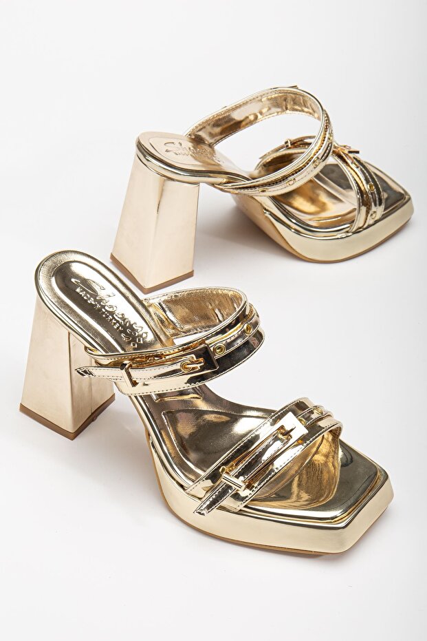 Tommo Gold Patent Leather Platform Open Toe Thick Heeled Shoes