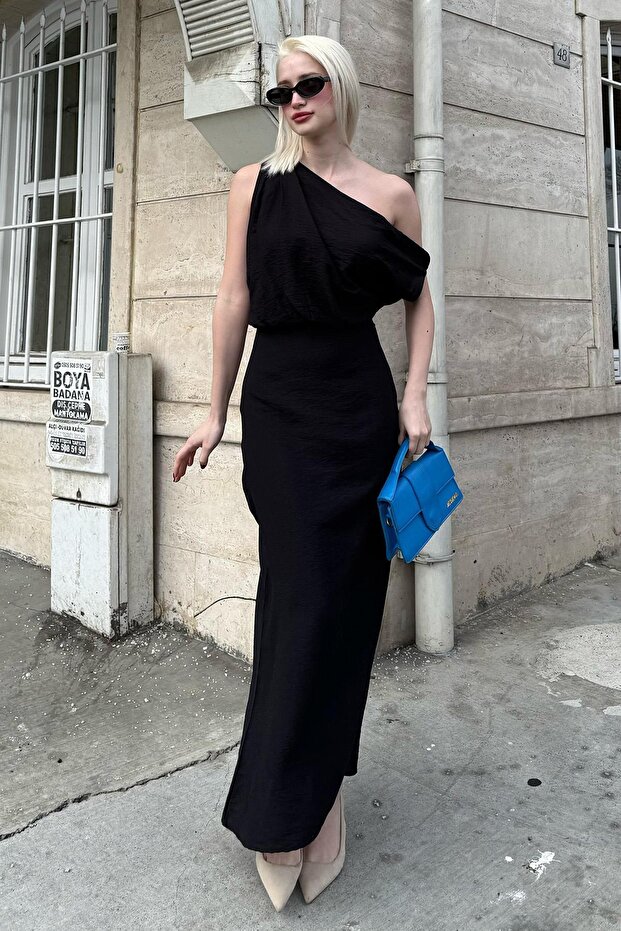 Rochie neagră cu umăr Mg2349 - 3