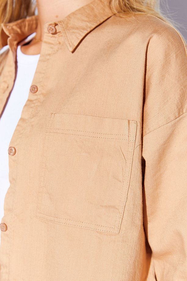 Camel Oversize tek cepli gabardin rahat kesim soft dokulu pamuk kadın gömlek  | MKW168174-01 - 5