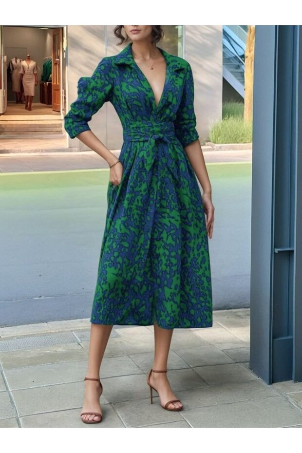 Women's Long Sleeve Collared Front Buttoned Waist Belted Long Single Jersey Dress