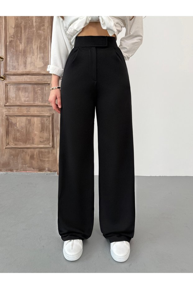 Women's Black Lycra Velcro Closure Palazzo Wide Leg Trousers