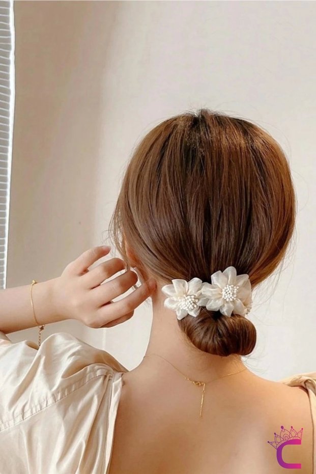 Elegant Chiffon Floral Women's Easy Wire Hair Bun Clip White- Daily Promise Engagement Wedding Hair Accessory