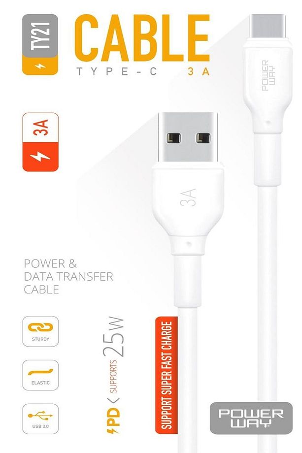 ⚡ Powerway TY21 Type-C Şarj ve Data Kablosu – 3A PD 25W Hızlı Şarj Destekli! - 1