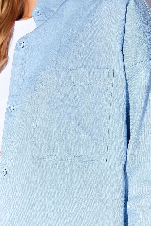 Mavi Oversize tek cepli gabardin rahat kesim soft dokulu pamuk kadın gömlek  | MKW168174-01 - 5