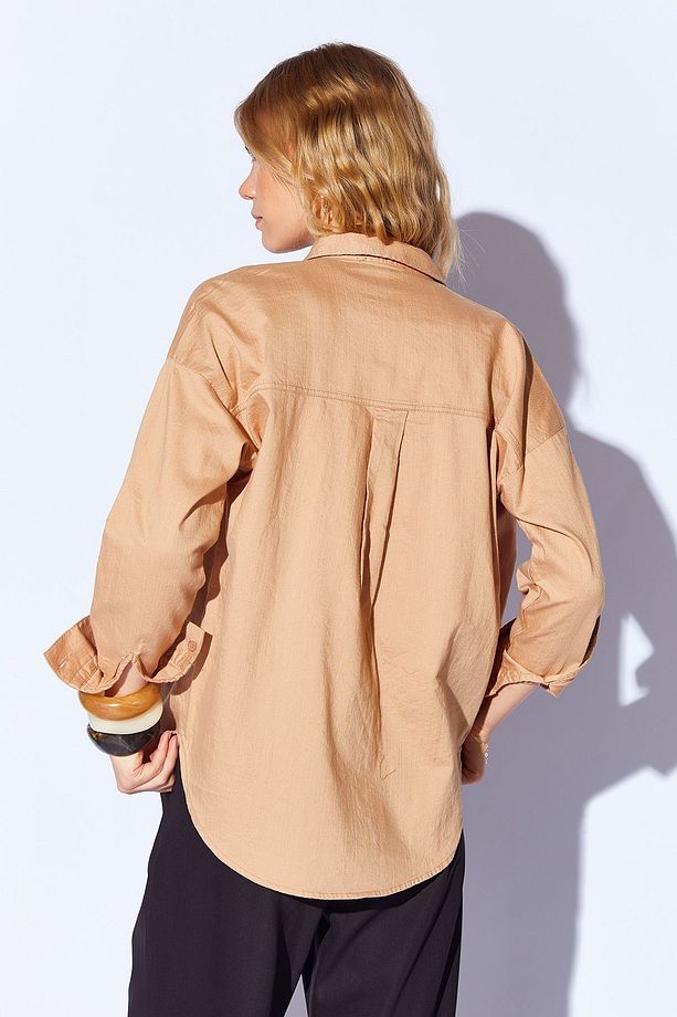 Camel Oversize tek cepli gabardin rahat kesim soft dokulu pamuk kadın gömlek  | MKW168174-01 - 6