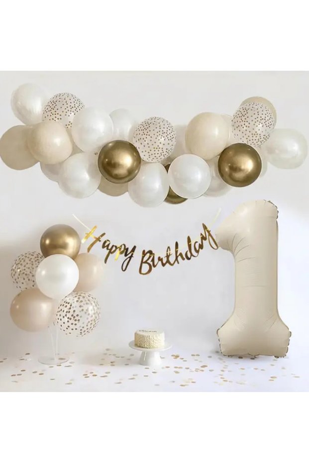Beige Number Foil Balloon Transparent Gold Sequin Gold Chrome White Retro White Balloon Chain Set 40 Pieces