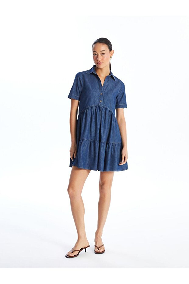 Shirt Collar Plain Short Sleeve Women's Jean Dress (S4)