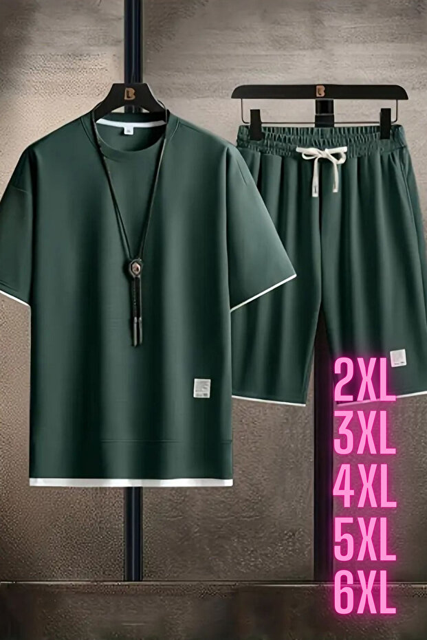 Men's Large Size New Season 100% Cotton White Detailed T-Shirt Shorts Set