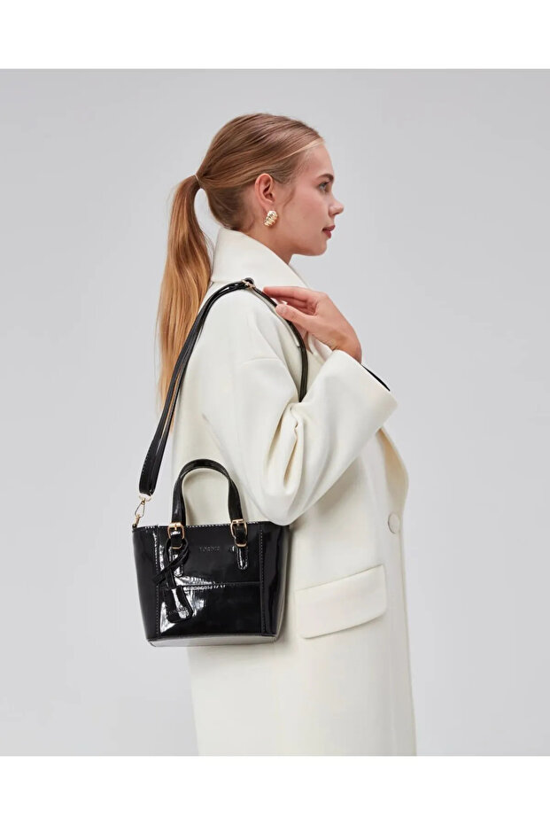 Black Patent Leather Medium Size Women's Shoulder & Crossbody Bag – Stylish, Vegan & Everyday Use