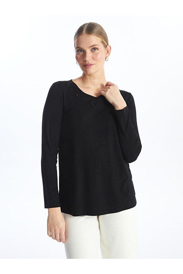 V-Neck Women's Long Sleeve Blouse with Stones (S4)