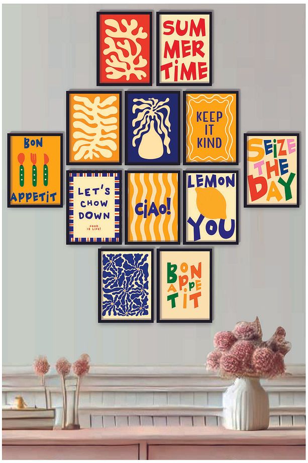 Çerçeve Baskılı Eğlenceli, Abstract,  Minimalist, Modern Yiyecekler ve Mutfak Dekoru 12 li Set Tablo - 1