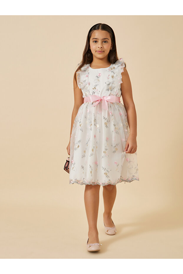 Embroidered Ruffle Detail Mesh Dress with Belt