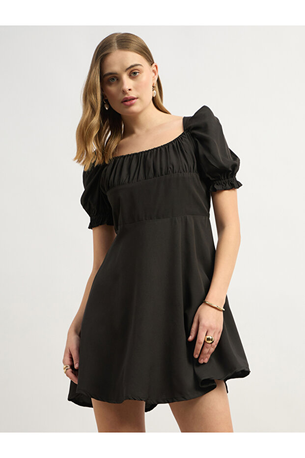 فستان قصير سادة بأكمام منفوخة وقصة A - 2