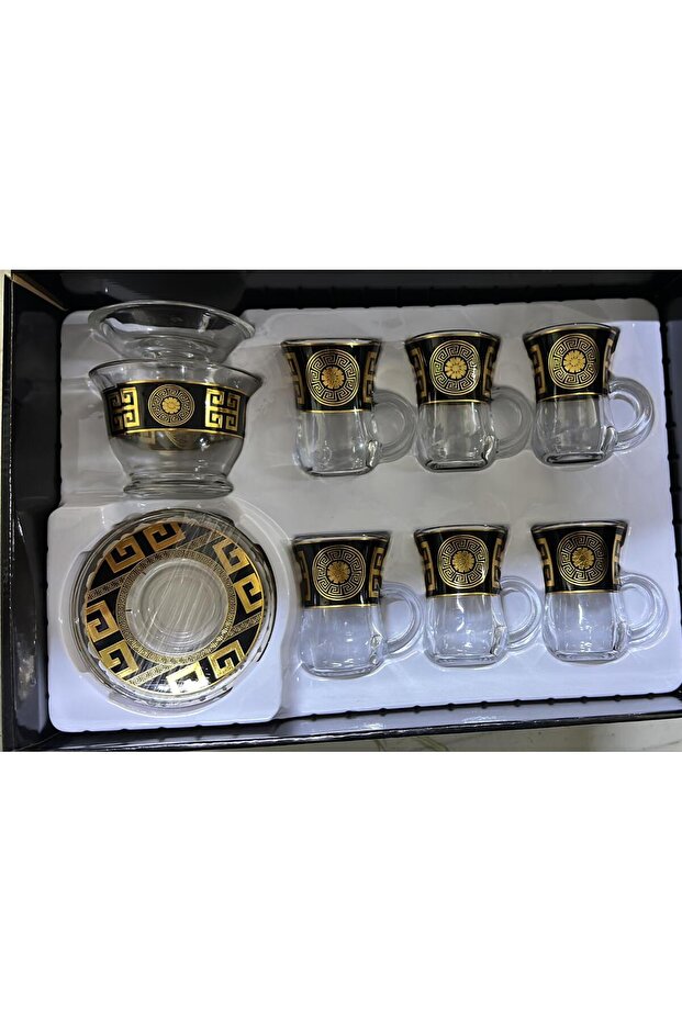 Turkish tea set of 6 cups, 6 saucers and a sugar bowl, gold and black