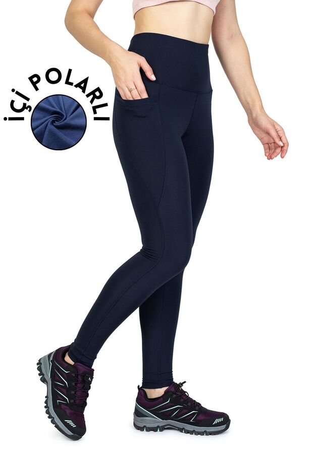 Women's Navy Blue Winter Thermal Leggings with Fleece Lining and Pockets, High Waist and Slimming Effect