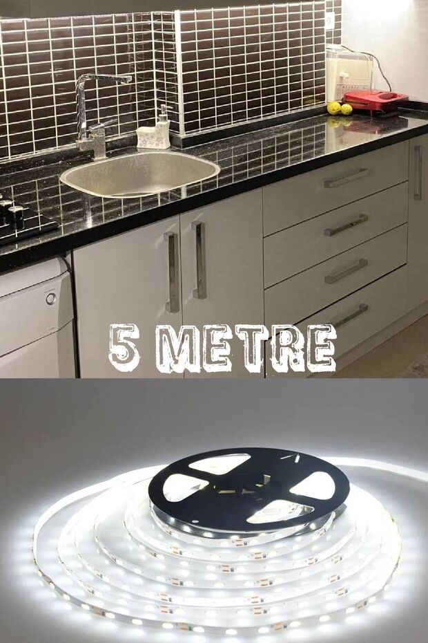 Sanctum Mutfak Dolabı Tezgah Üstü Için 5 Metre Beyaz Şerit Led Işık Adaptörlü Aç Kapa Anahtarlı Tak Çalıştır