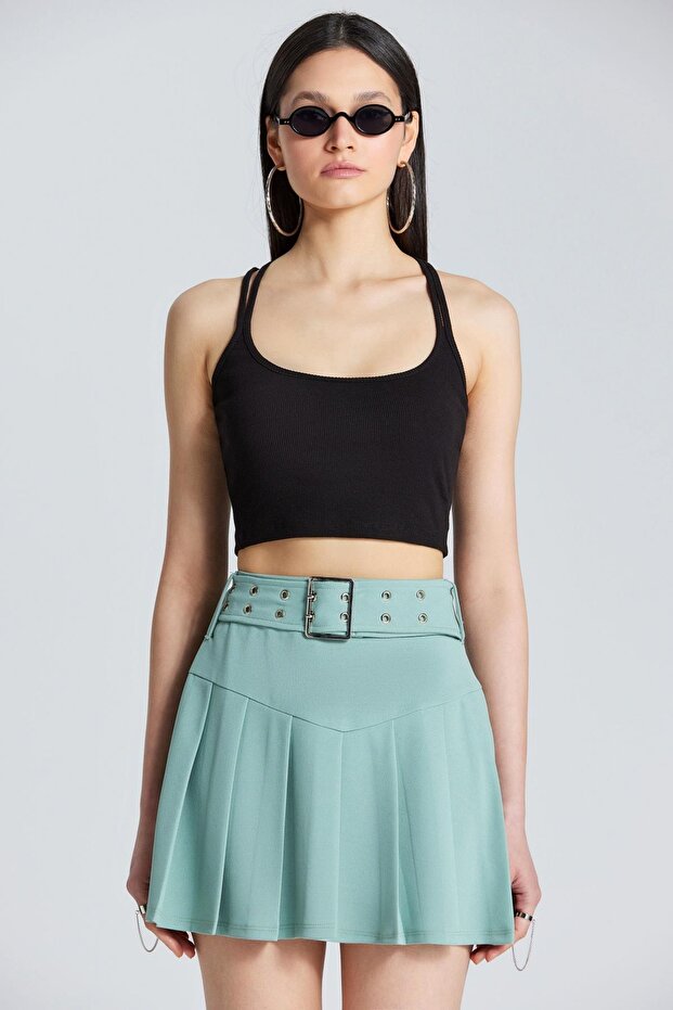 2449 Belted Flounce Mint Skirt
