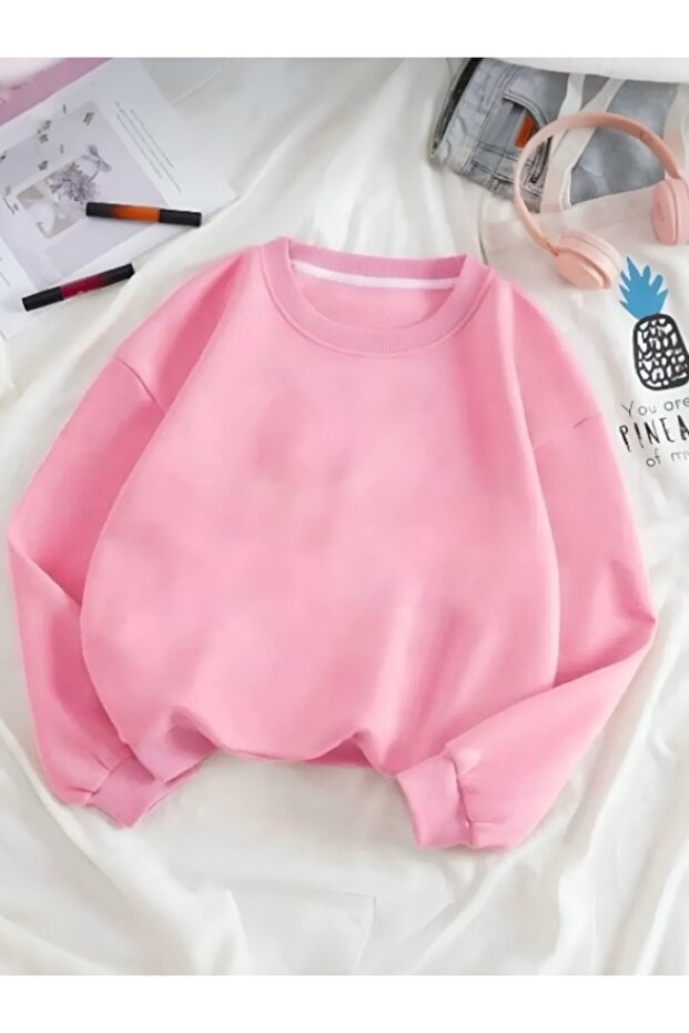 Women's 3 Thread Pink Plain Crew Neck Sweatshirt
