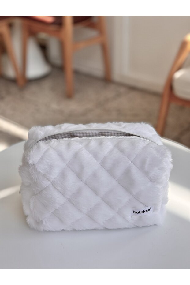 White Plush Makeup Bag - Large Size - 5