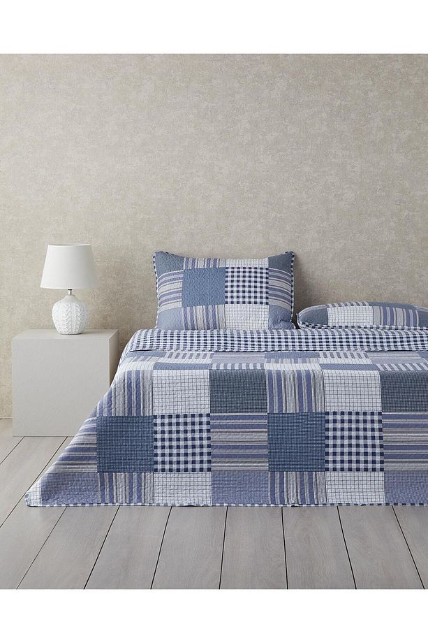 Patch Frame Çok Amaçlı Çift Kişilik Yatak Örtüsü Takımı 200x220 cm Mavi - 1