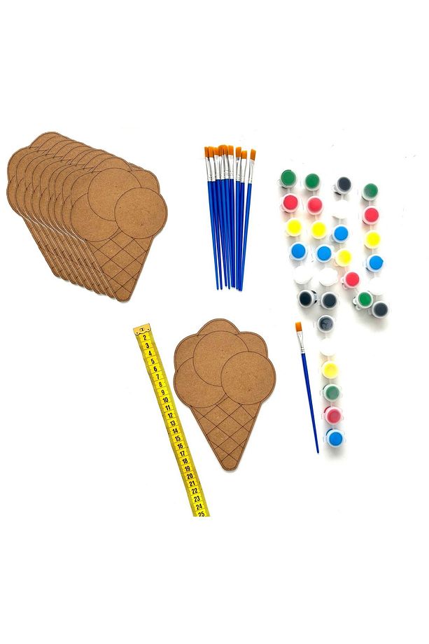 10'lu Paket Ahşap Boyama Külah Dondurma Ahşap Boyama Dondurma Boyama (10 FIRÇA 5 BOYA) - 1