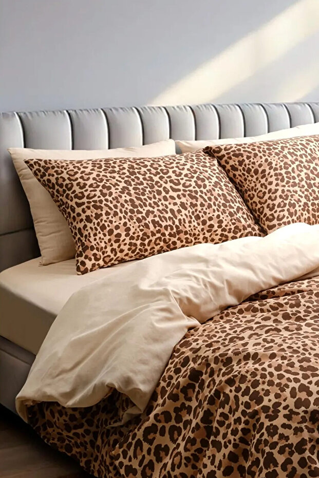 طقم سرير فردي مع ملاءات مطاطية نمط الفهد بيج 160X220 سم - 2