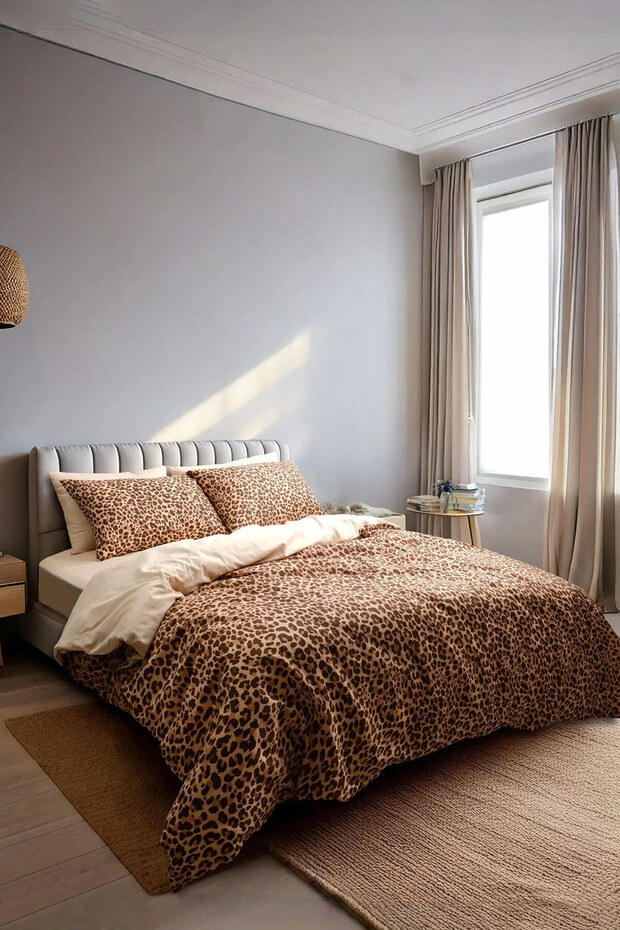 طقم سرير فردي مع ملاءات مطاطية نمط الفهد بيج 160X220 سم - 1